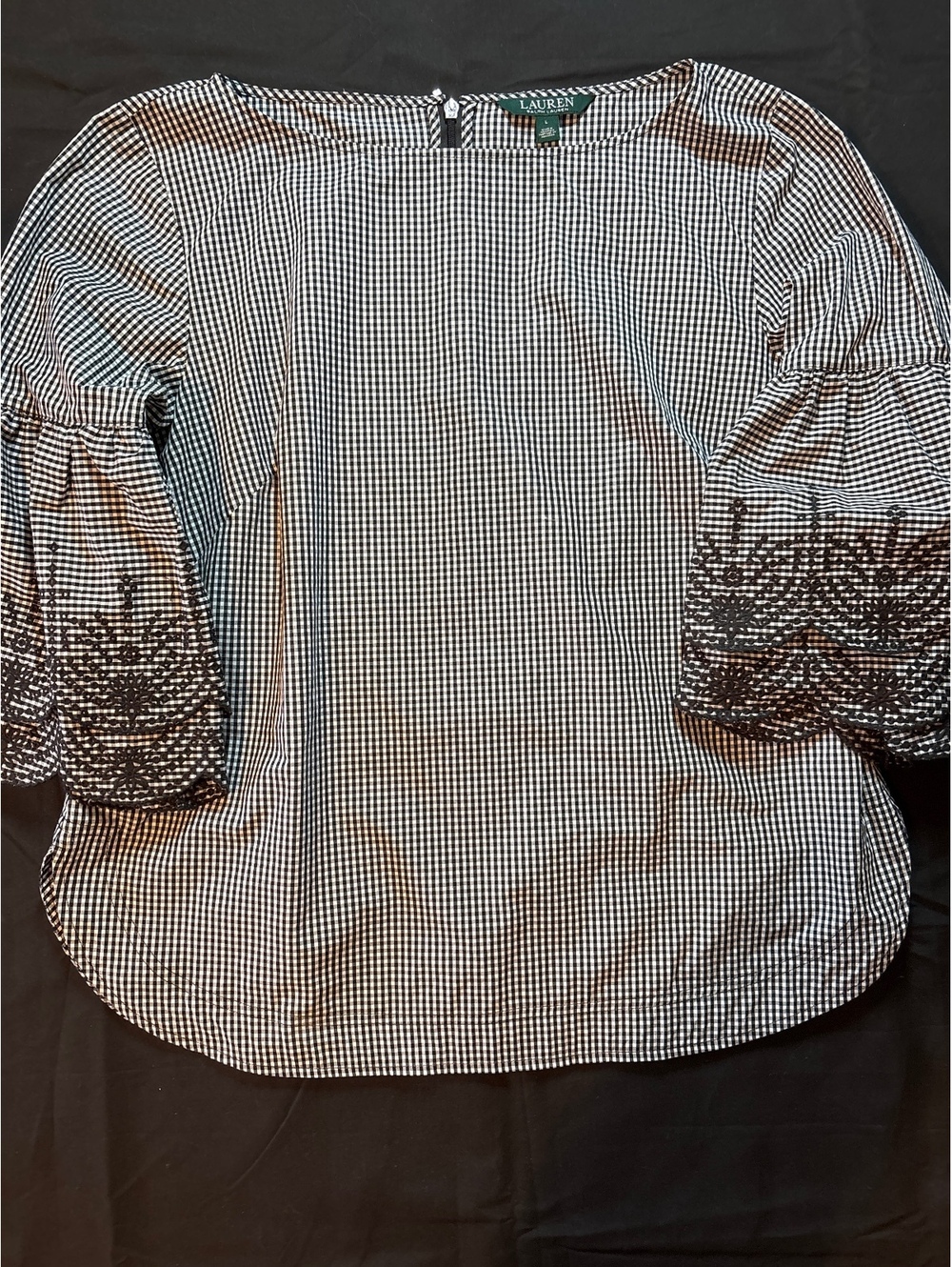 Lauren Ralph Lauren Gingham Blouse L Embroidered Bell Sleeve Zipper Back
